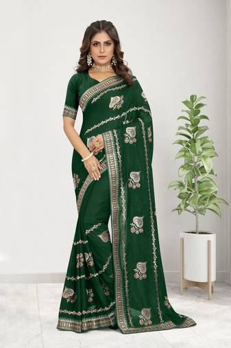 Teal Embroidered Satin Saree With Blouse