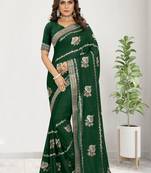 Teal Embroidered Satin Saree With Blouse
