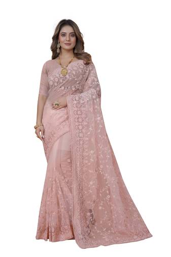 Peach Embroidered Net Saree With Blouse Piece