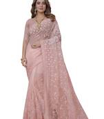 Peach Embroidered Net Saree With Blouse Piece