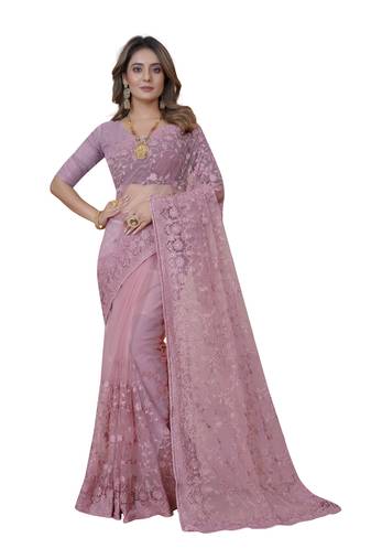 Pink Embroidered Net Saree With Blouse Piece