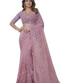 Pink Embroidered Net Saree With Blouse Piece