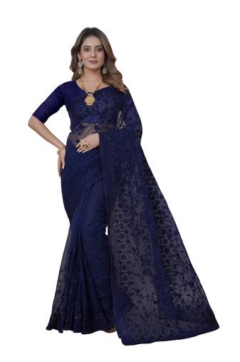 Navy Blue Embroidered Net Saree With Blouse Piece