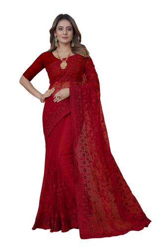 Red Embroidered Net Saree With Blouse Piece