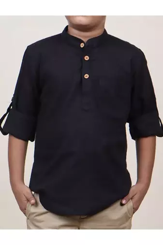 boy's black rolled up cotton shirt