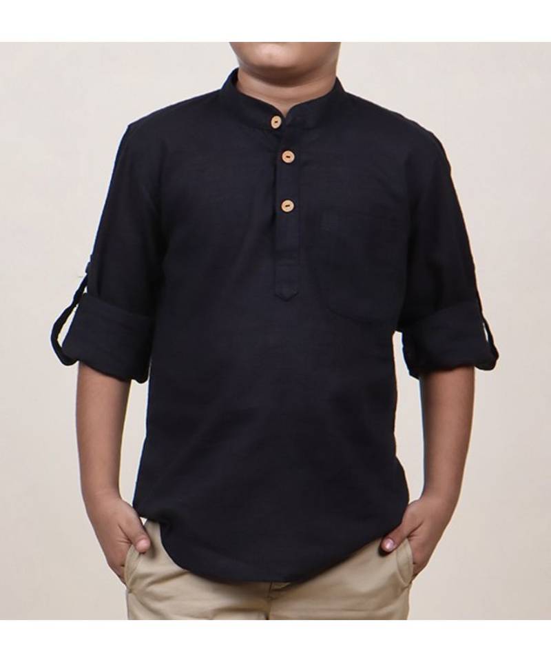 boy's black rolled up cotton shirt