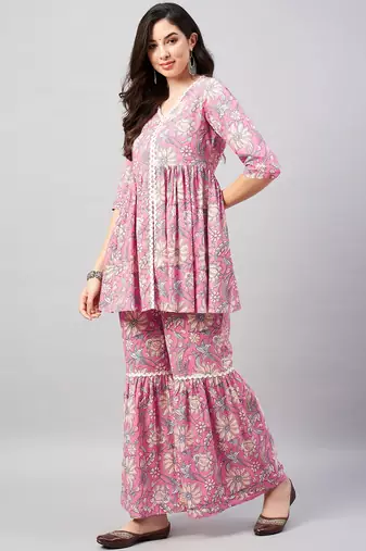 Winered woman pink floral print lace detailing sharara set