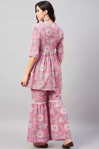 Winered woman pink floral print lace detailing sharara set