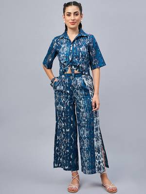 Winered woman blue front knot crop shirt with flared pant 1