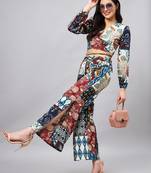 Winered woman navy blue patch print crop top & pant set