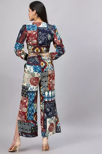Winered woman navy blue patch print crop top & pant set