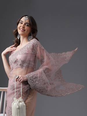 Kasee Women'S Lavender Woven Design Floral Embroidered Net Saree With Unstitched Blouse Piece 2