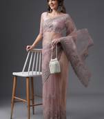 Kasee Women'S Lavender Woven Design Floral Embroidered Net Saree With Unstitched Blouse Piece