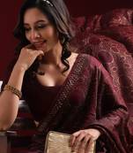 BURGUNDY GOLD TONED EMBELLISHED BEADS AND STONES SATIN SAREE