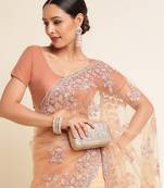 Kasee Women's Peach Floral Embroidered Net Saree With Unstitched Blouse Piece
