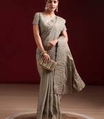 Kasee Women'S Grey Gold Sequinned Embellished Silk Blend Saree With Unstitched Blouse Piece
