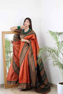 Elegant Orange and Green Zari Woven Saree: Perfect for Parties and Festive Celebrations 1