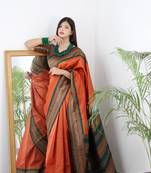 Elegant Orange and Green Zari Woven Saree: Perfect for Parties and Festive Celebrations