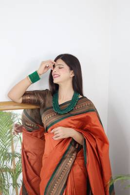 Elegant Orange and Green Zari Woven Saree: Perfect for Parties and Festive Celebrations 2