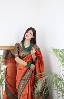 Elegant Orange and Green Zari Woven Saree: Perfect for Parties and Festive Celebrations 3