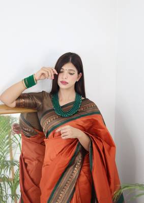 Elegant Orange and Green Zari Woven Saree: Perfect for Parties and Festive Celebrations 4