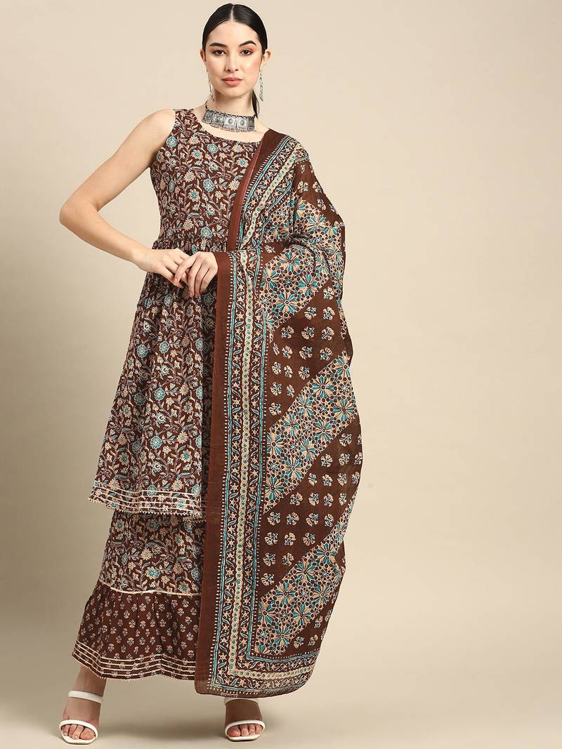 Brown Printed Pure Cotton Kurta Set