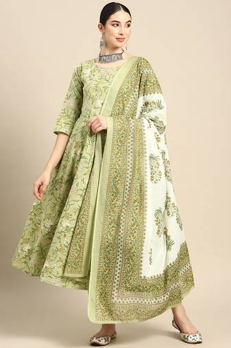 Green Printed Pure Cotton Kurta Set