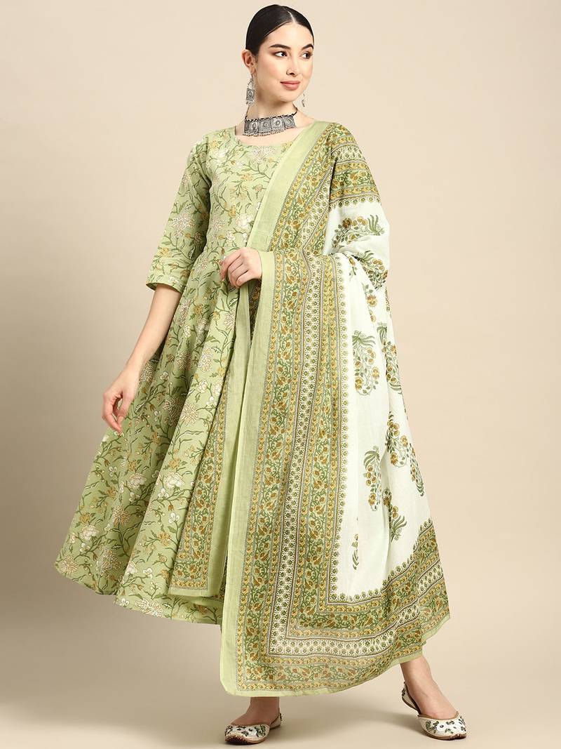 Green Printed Pure Cotton Kurta Set