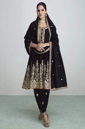 Black Premium Silk Embroidery Readymade Suits