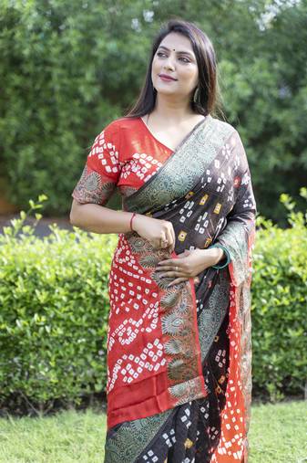 Coffee Woven Design Bandhej Silk Blend Saree With Blouse