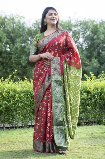Red Woven Design Bandhej Silk Blend Saree With Blouse