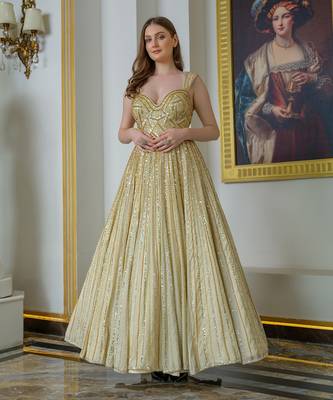 Gold tissue silk flared gown 1