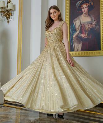 Gold tissue silk flared gown 2