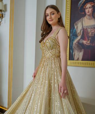 Gold tissue silk flared gown 3