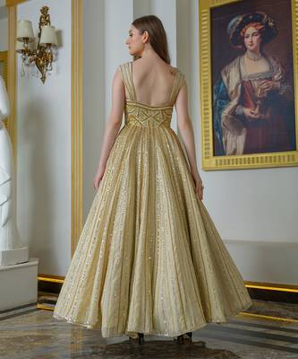 Gold tissue silk flared gown 4