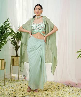 Mint green lila dhoti cape set 1