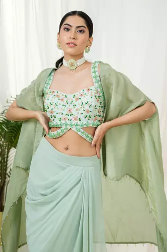 Mint green lila dhoti cape set