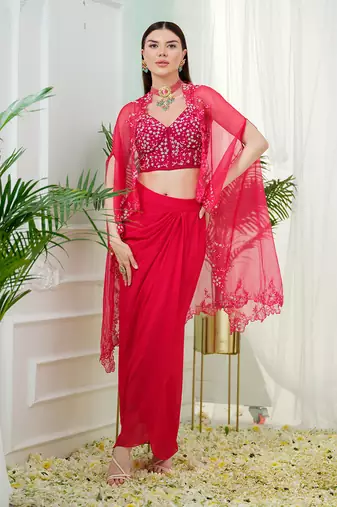 Hot pink elara dhoti cape set