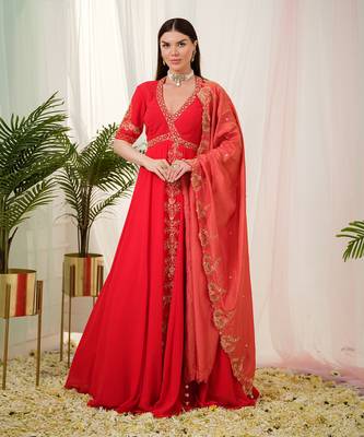 Red vermilion anarkali gown with dupatta 1