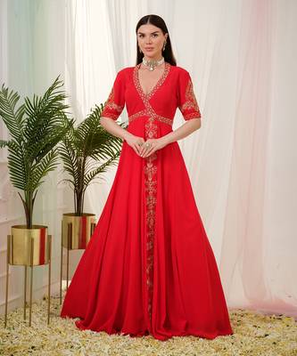 Red vermilion anarkali gown with dupatta 2