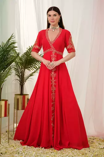 Red vermilion anarkali gown with dupatta