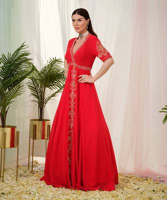 Red vermilion anarkali gown with dupatta 3