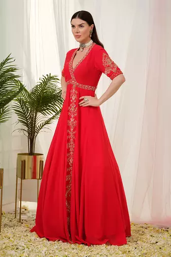 Red vermilion anarkali gown with dupatta