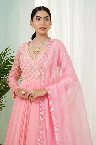 Pink mystique anarkali gown with dupatta