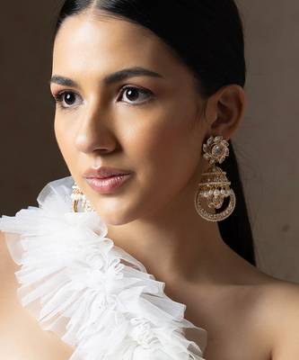 Gold polki and pearl jhumka earrings 1