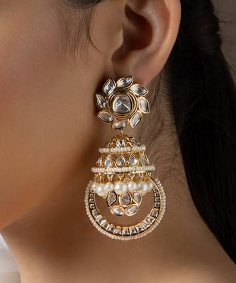 Gold polki and pearl jhumka earrings 3