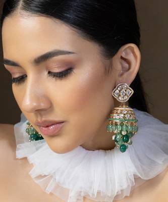 Gold polki and green beads jhumka earrings 1