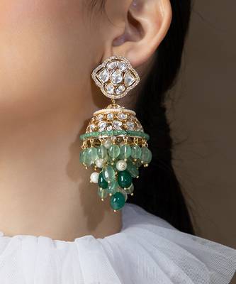 Gold polki and green beads jhumka earrings 2