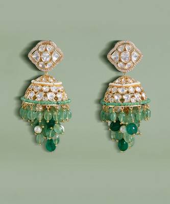Gold polki and green beads jhumka earrings 3
