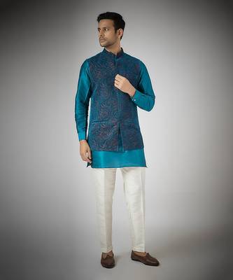 Royal blue embroidered nehru jacket set 1